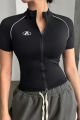 Ladies' fashionable sports style slim fit zipper short sleeved top. 