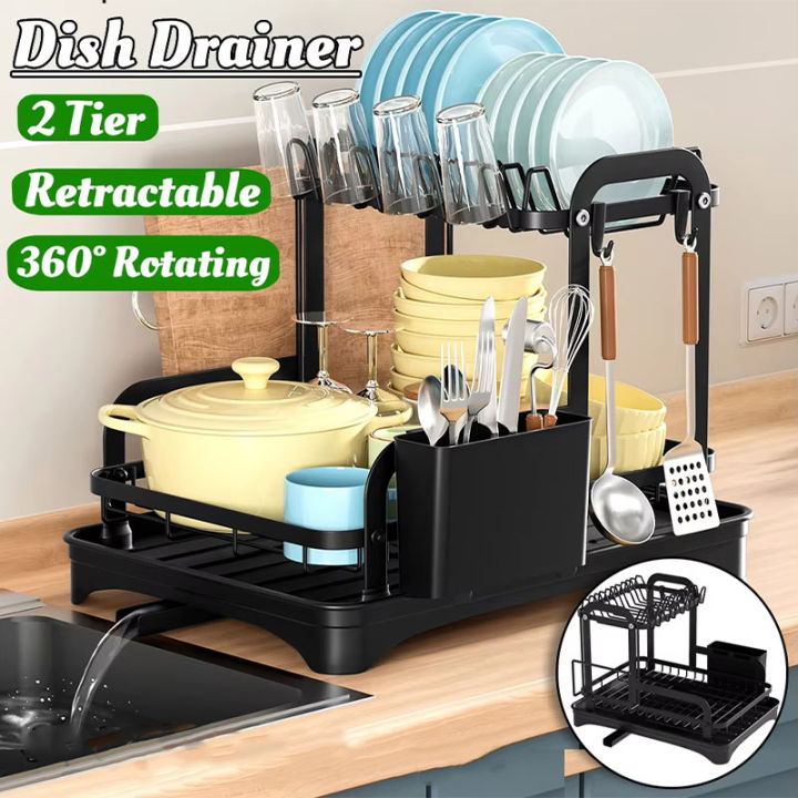 2 Tier Dish Bowl Drainer Storage Rack Kitchen Dish Drying Rack with ...