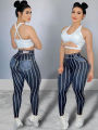 Women High Waist Sports Leggings Stripe Print Stretchable Yoga Pants Tight Fitness Workout Gym Push Up Causal Pant.