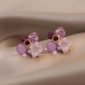 Purple Crystal Flower Stud Earrings For Woman  Korean Fashion Jewelry Wedding Party Girl Elegance Set Accessories. 