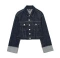 HH Women Vintage Denim Jacket Single Breasted Lapel Long Sleeve Coat With Pockets Dark Blue Denim Jacket Fashion High Street Top.