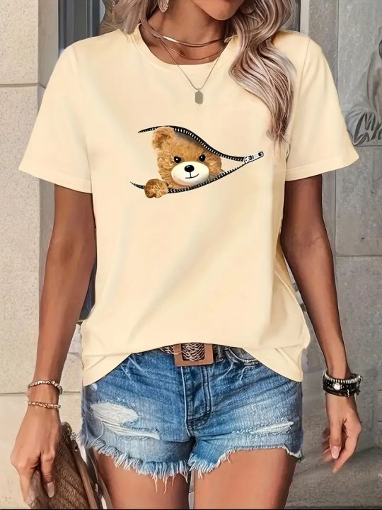 Kawaii Bear Print Short Sleeve Printed T Shirt  Clothing Women's T-Shirt Harajuku Graphic Clothing Women's Top Tee