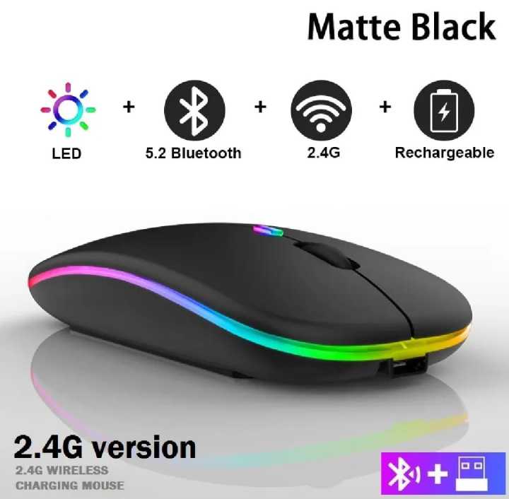 Bluetooth Wireless Mouse with USB, BT5.2 Rechargeable RGB Mouse for Laptop, PC, Macbook, 2.4GHz, 1600DP|