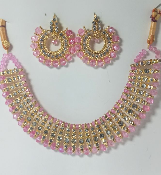 Tea pink colour artificial jewellery set of round crystal earrings and chowker neckless for girls and woman for weddngs paties and eid festivals in low price