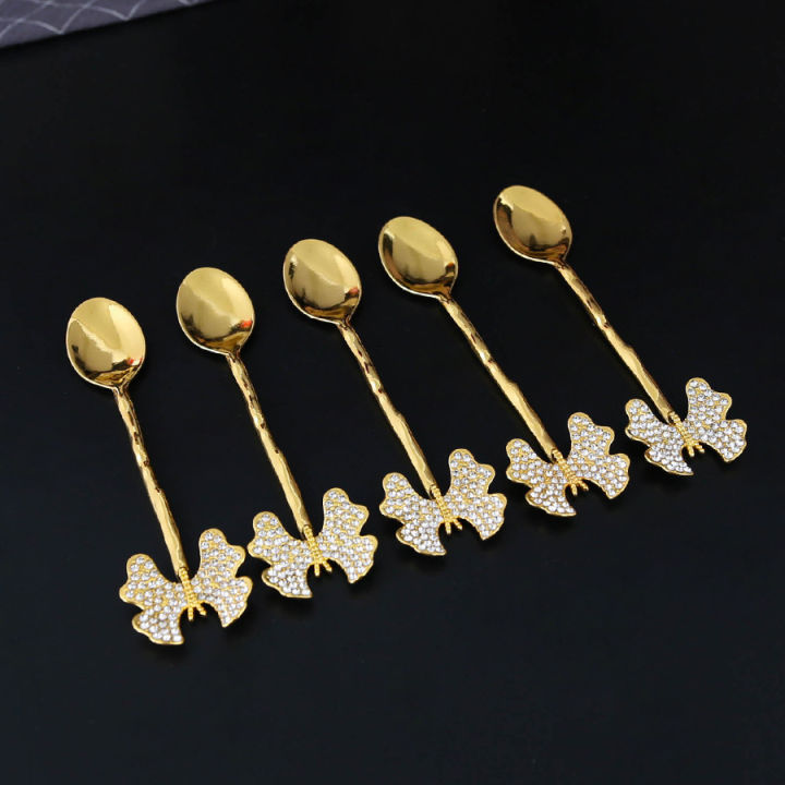 6 pieces of rhinestone butterfly design spoon combination set, coffee spoon, dessert fruit spoon, festive dinner table spoon.
