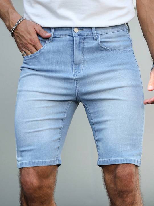 Blue Washed Men's Denim Shorts, Featuring a Casual Style, with a Length of Knee-Length Shorts, Suitable for Summer Wear.