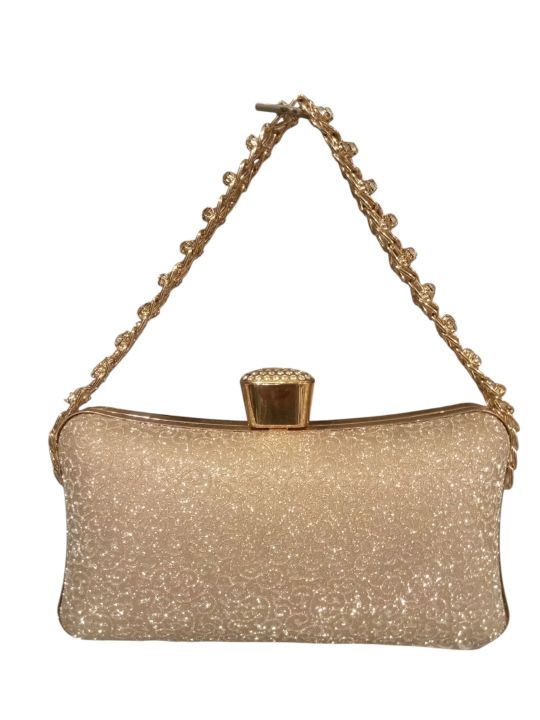 Golden Glitter Clutch Bag with Elegant Chain Strap
Bridal bag purse for women and girls party and casual use unique style
