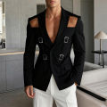 Men's Hollowed-out Chic Suits Blazer Textured Metal Buckle Solid Color Long Sleeve Jackets Popular Slim-fit Performance Costumes.