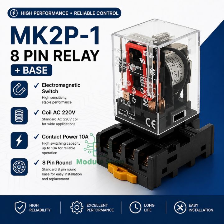 MK2P-1 10A 250V AC Mini Electromagnetic Relay with 8 Pin Round Base ...