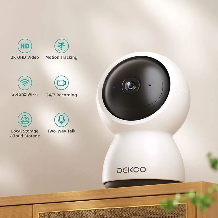 DEKCO 2K Indoor WiFi IP Security Camera 360-Degree Baby Monitor, Motion Tracking, Night Vision, 2 Way Audio, Compatible with Alexa