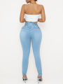 Women'S High-Waisted Stretch Denim Jeans -  Slim Fit with Butt Lifting, Casual Style, Light Blue, All-Season Comfort, High W. 