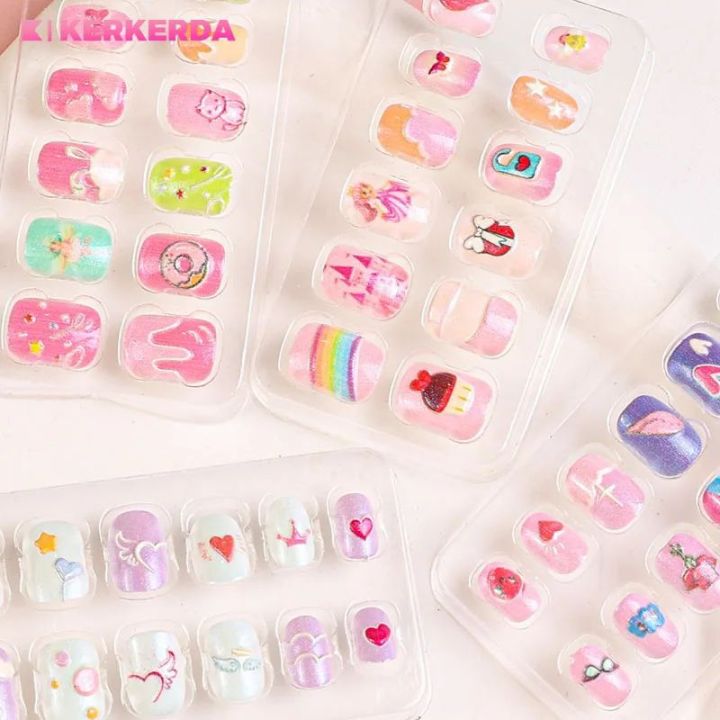 12 / 24 Pcs Children Acrylic Fake Nails Press on Pre-glue Full Cover Glitter Gradient Color Rainbow Baby nails Short False Nail Art Kits Set for Kids Little Girls - Multicolor Gradient Series Gift for baby girls Kidz accessories