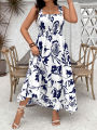 Plus Size 2025 Summer New Holiday Floral Halter Dress with Ruffle Hem and Gathered Bust Plus Size Dress Polyester. 