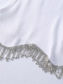 High Street Hem Tassel Diamond Beading Knitting T Shirt Chic Short Camis Tank Lady Slim Crop Vest Tops.