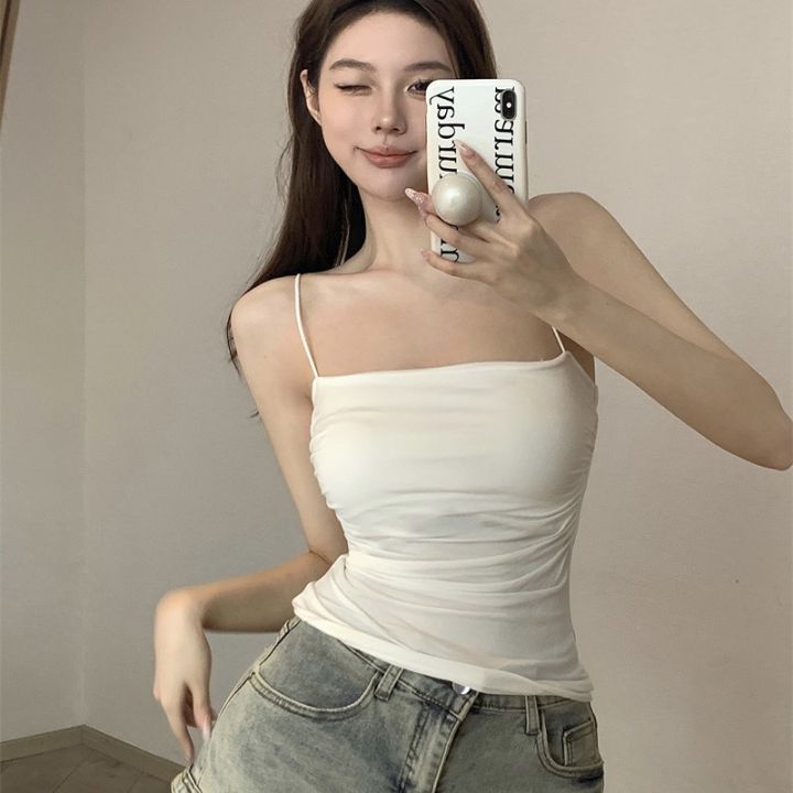 Women's%20Sleeveless%20Pleated%20Slim%20Fit%20Vest%20%20Hot%20Girl%20Short%20Top%20With%20Thin%20Shoulder%20Straps%20Solid%20Color%20Simple%20Fashion%20Vest%20-%20Image%205