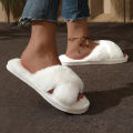 Cross Warm Fluffy Furry Slippers Women Lightweight Flat Heels Fur Slides Woman Autumn Winter Open Toe Non Slip Home Floor Shoes. 