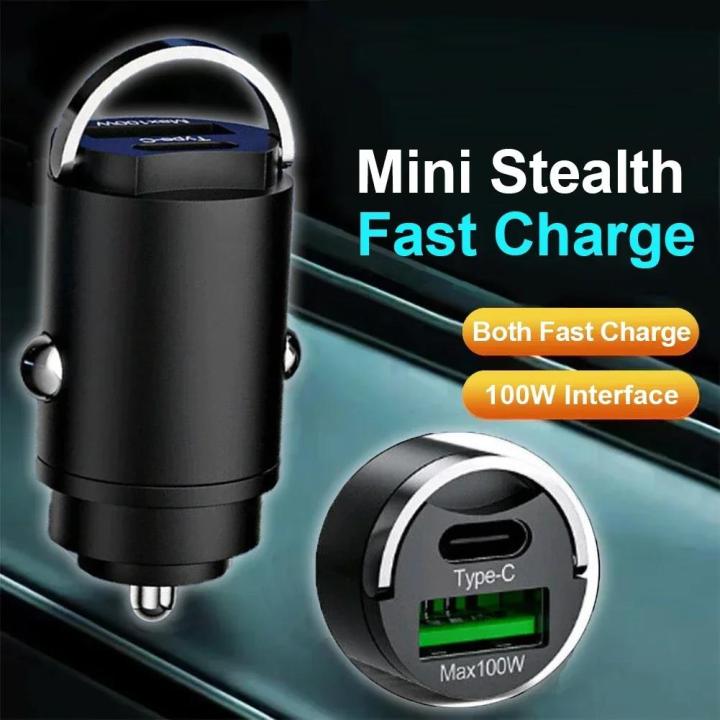 100W Car Charger Type USB C Dual Port Fast Charging For iPhone    Pull Ring Socket Cigarette  Charger