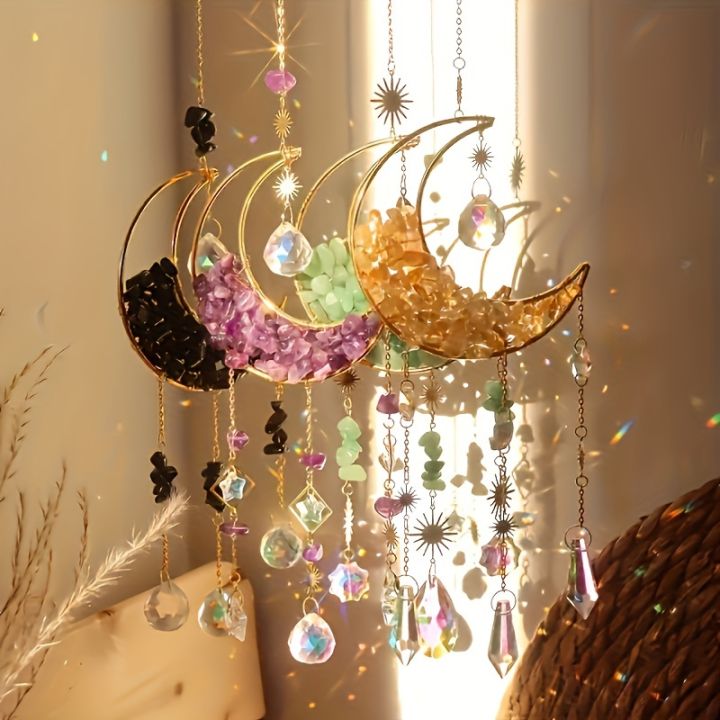 1/4pcs Moon Shaped Crystal Sun Catcher, Car Pendant, Magic Rainbow Hanging Wall Decoration, Fantasy Crystal Pendant, Rainbow