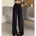 Women Fashion Suit Pants Lady Breathable Baggy High Waist Wide Leg Trousers Lady Straight Leg Gray Classic Office Long Pants.