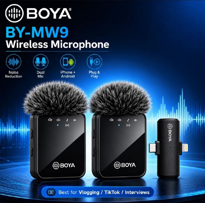 The BOYA BY-MW9 Original Dual Wireless Microphone is a professional wireless audio solution designed for content creators, vloggers, interviewers, and live streamers