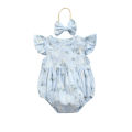 Baby Romper with Hairband Kids Floral Print Round Neck Fly Sleeve Bodysuit+ Headband for Summer Blue/Yellow 0-24 Months. 