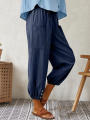 Patched Pockets Button Front Crop Pants, Casual Loose Pants For Spring & Summer, Women's Clothing. 