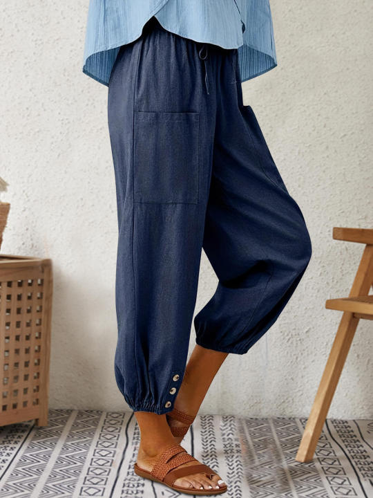 Patched Pockets Button Front Crop Pants, Casual Loose Pants For Spring & Summer, Women's Clothing