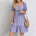 Summer Casual Women Elegant Short Sleeve V Neck Ruffles Dress Solid Loose Mini Dress Chic Bohemian Sundress Beach Party Vestidos.