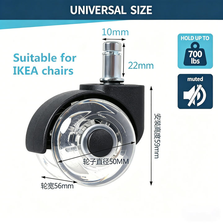 5%20Pcs%202"%20Transparent%20PU%20Dual%20Wheel%20Office%20Chair%20Casters,%20Silent%20Swivel%20Furniture%20Wheels%20for%20Gaming%20Chair,Floor%20Protecting%20-%20Image%204