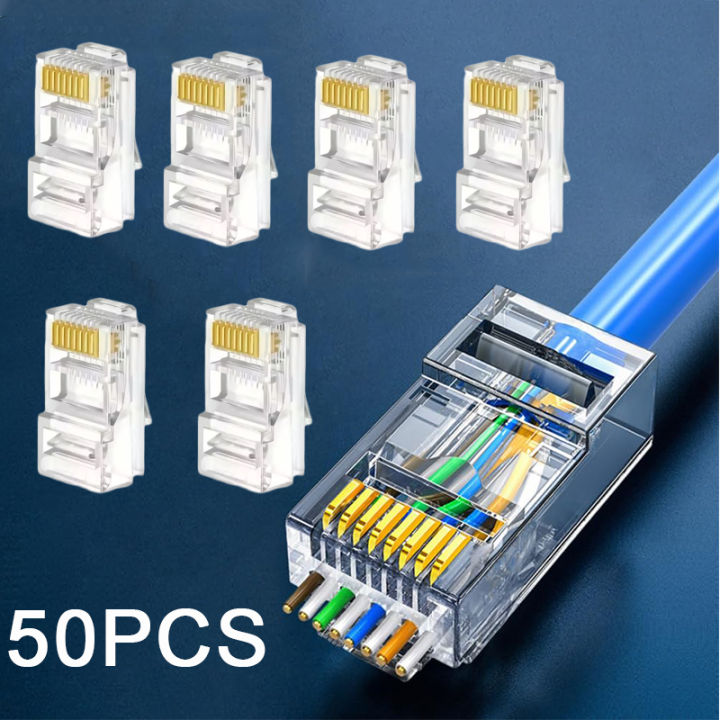 50pcs RJ45 Pass Through Connector Cat6 Shielded RJ45 Modular Plugs Gold Plated 8P8C RJ45 Ends