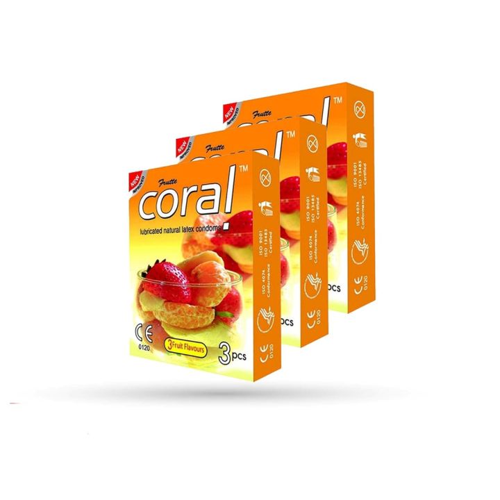 Coral 3 Fruits Flavor Lubricated Natural Latex Condom | Combo Pack 3x3=9pcs Condom for Men | Malaysia