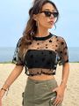 Summer Outfits Star Print Drop Shoulder Crop Mesh Top Without Camisole. 