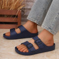 Men's Casual Simple Buckle-Adjustable Eva One-Piece Double-Bar Flat-Soled Slip-On Slippers for Home or Outdoor Beach Use. 
