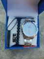 Pack of 4 Mens Silver Watch Set || casual watch set || smart watch || Watch Ring Braclete Chain. 