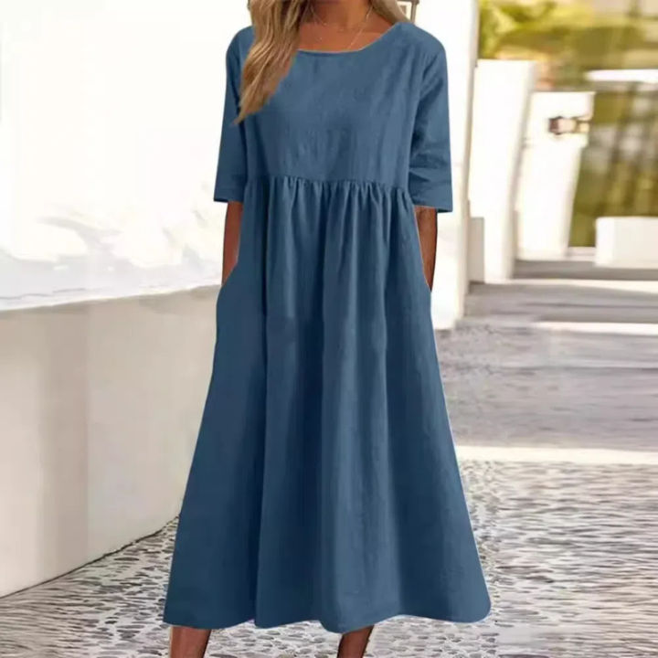 Summer%20New%20Cotton%20and%20Linen%20Casual%20Short%20Sleeve%20Pocket%20Fold%20Loose%20Round%20Neck%20Women's%20Dress%20300%20-%20Image%203