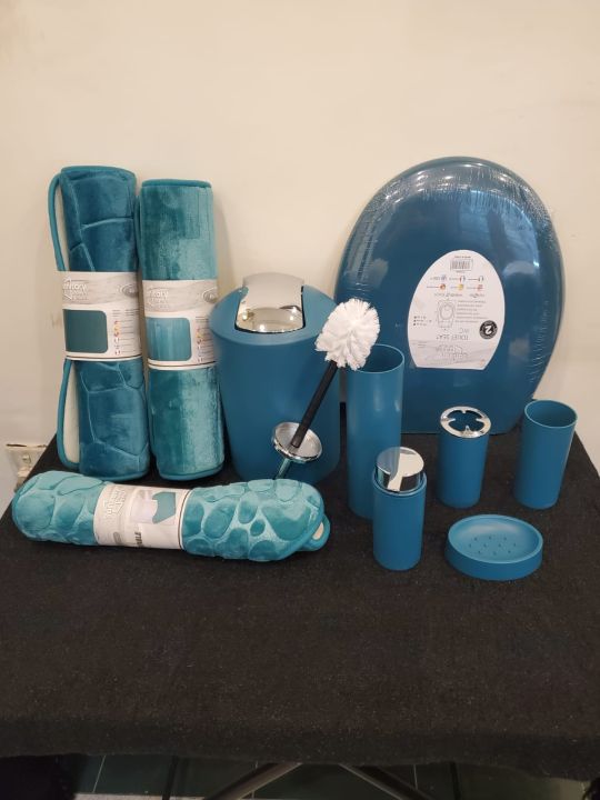 Luxury bathroom set,Bathroom Accessory Set 8 Pcs Blue Bathroom Accessories Set Bathroom Set with Trash Can Soap Dispenser Toothbrush Holder Tumbler Soap Dish Toilet Brush Holder Qtip Holder ,Bathroom Accessories