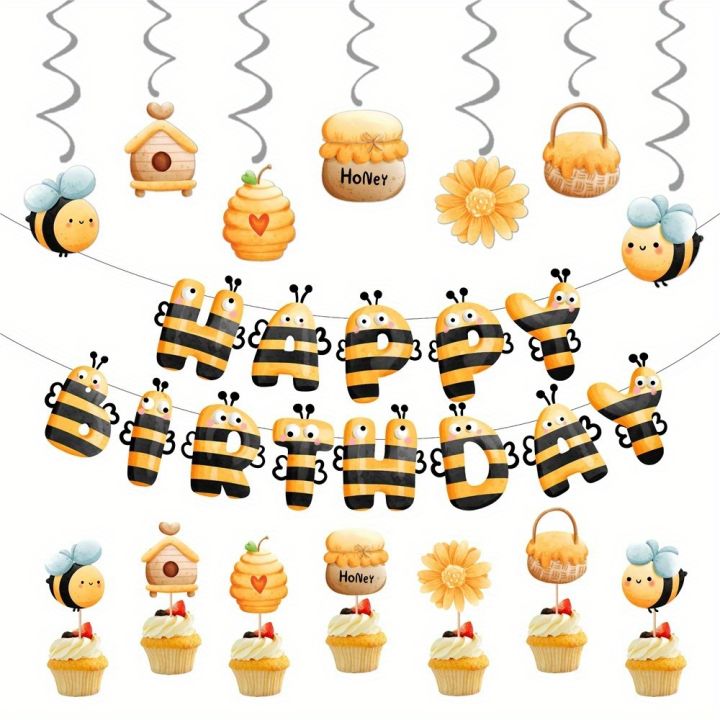 Happy Bee Day Paper Party Banner, Honey Bees Theme Pull Flag, Birthday ...