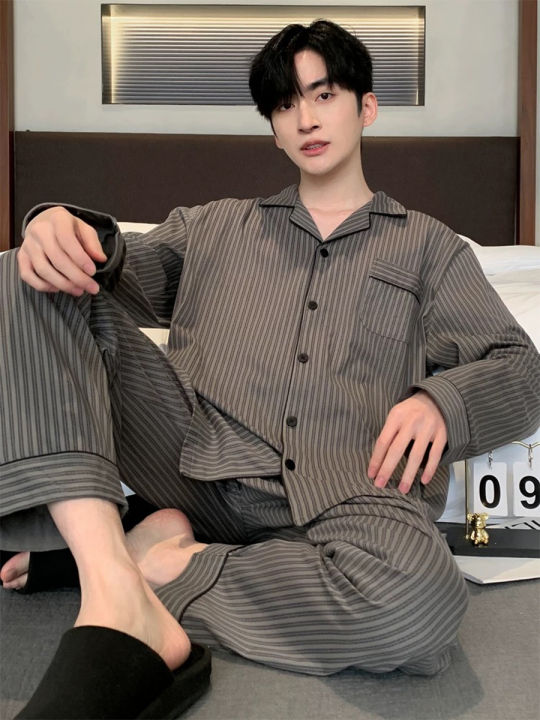 Pajamas%20Spring%20and%20Autumn%20Men's%20Long-Sleeved%20Trousers%20Cardigan%20Loose%20Lapel%20Large%20Size%20Home%20Clothes%20Spring%20Suit%20-%20Image%204