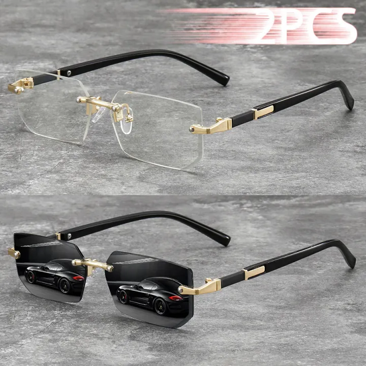 2PCS%20Metal%20Frame%20Colored%20Lenses%20for%20Women%20And%20Men%20Eyewear%20Unisex%20Luxury%20Fashion%20Sunglasses%20Rimless%20Rectangle%20Gradient%20Lens%20-%20Image%205