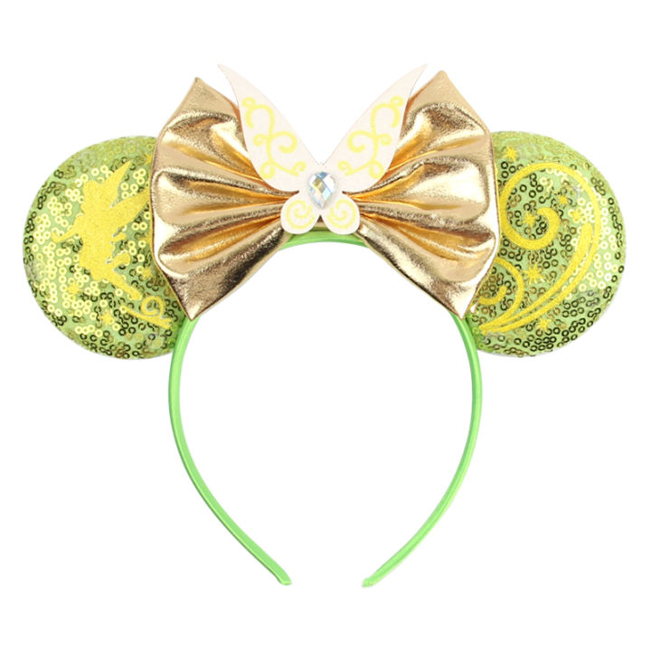 1pc Disney Headband Green Shimmering Fairy Wings Gold Bow Gemstone Embellishment Theme Park Role-playing Party Hair Accessories