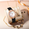 6 PCS New Lxury Love Rhinestone Jewelry Ladies Ring Necklace Earrings Bracelet Set Simple Digital Leather Strap Quartz Watch. 