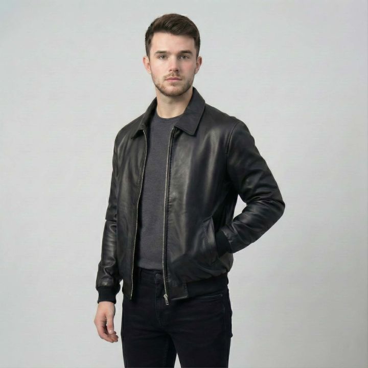 Men’s Faux Leather Bomber Jacket – Full Zip, Brown/Black - Image 1