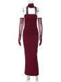 Hugcitar Elegant Scarf Strapless Solid Mesh Gloves  Bodycon Maxi Prom Dress Women Fashion Y2K Outfits Wedding Party Birthday. 
