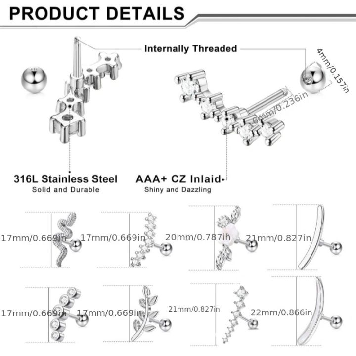 1Pc%2016G%20Stainless%20Steel%20Screw%20Back%20Stud%20Earrings%20for%20Women%20Men,%20Fashion%20Cubic%20Zerconia%20Cartilage%20Conch%20Helix%20Ear%20Piercing%20Jewels%20-%20Image%204