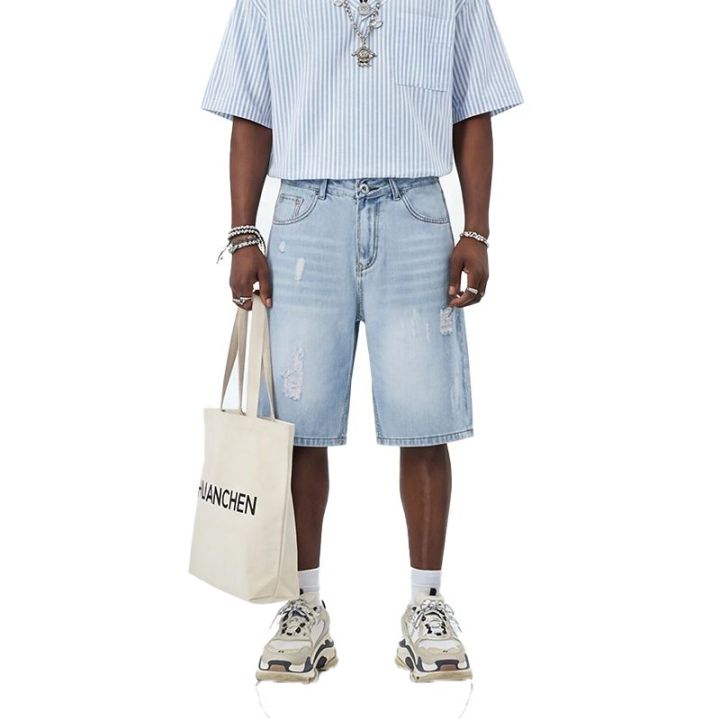 Men's%20and%20women's%20blue%20ripped%20jeans%20trendy%20American%20loose%20straight%20leg%20non%20stretch%20casual%20shorts%20suitable%20for%20summer%20street%20wear%20-%20Image%205