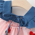 Summer Girl Dress Denim Fly Sleeved Bow Cute Cherry Colored Mesh Princess Dress Suitable for Babies Aged 0-3. 