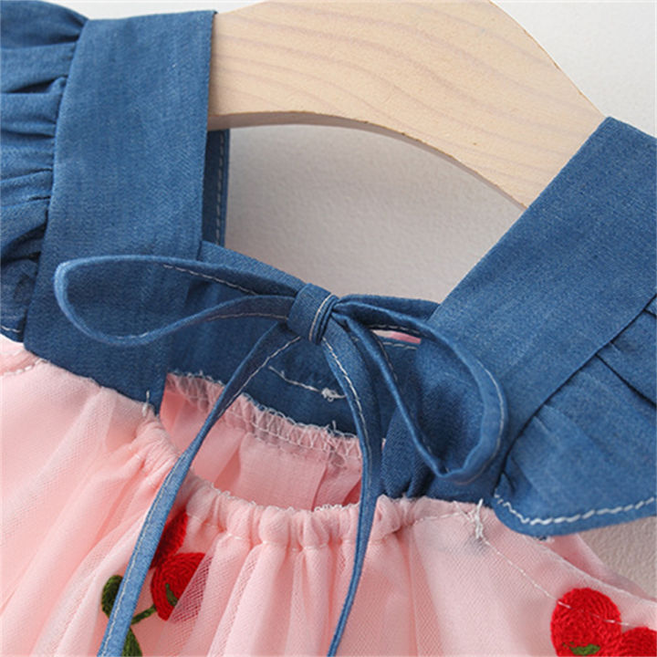 Summer%20Girl%20Dress%20Denim%20Fly%20Sleeved%20Bow%20Cute%20Cherry%20Colored%20Mesh%20Princess%20Dress%20Suitable%20for%20Babies%20Aged%200-3%20-%20Image%206