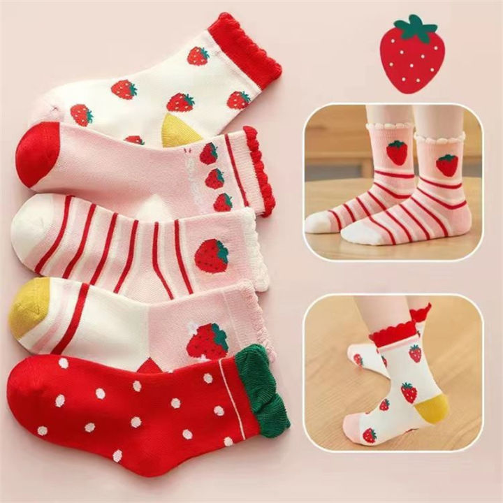 5Pairs/lot Girls Cotton Socks Korean Strawberry Cute Print Socks Spring Autumn Cartoon Breathable Sock for 0-13Y Children Socks