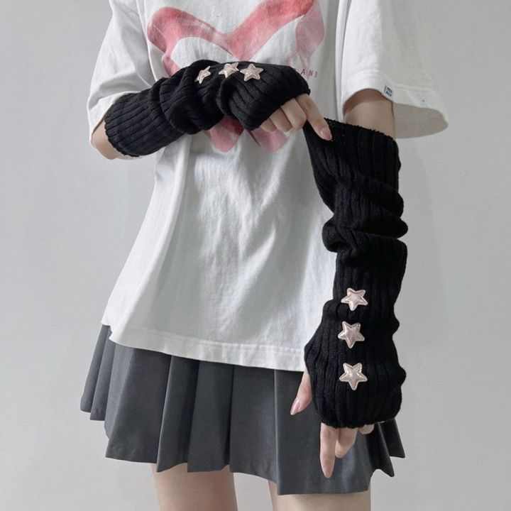 1Pair%20Fingerless%20Long%20Wrist%20Gloves%20Arm%20Warmers%20False%20Sleeves%20Knitted%20Gloves%20Finger%20Sleeves%20Cover%20Black%20White%20Half%20Finger%20Gloves%20-%20Image%202