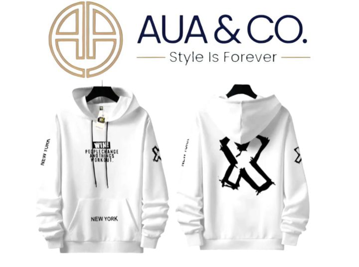 Aua&Co White Printed Hoodie For Mens